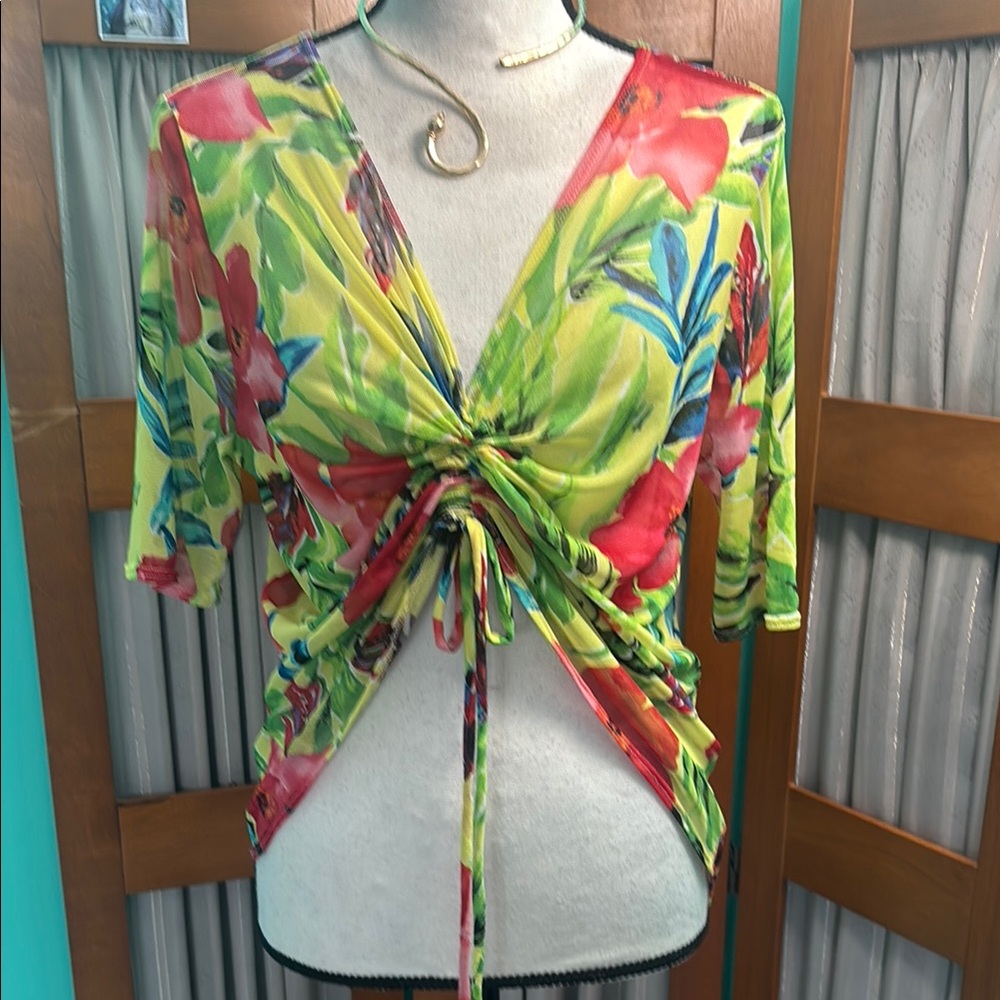 Cha Cha Vente Green and Pink Ruched Tie Front Blouse